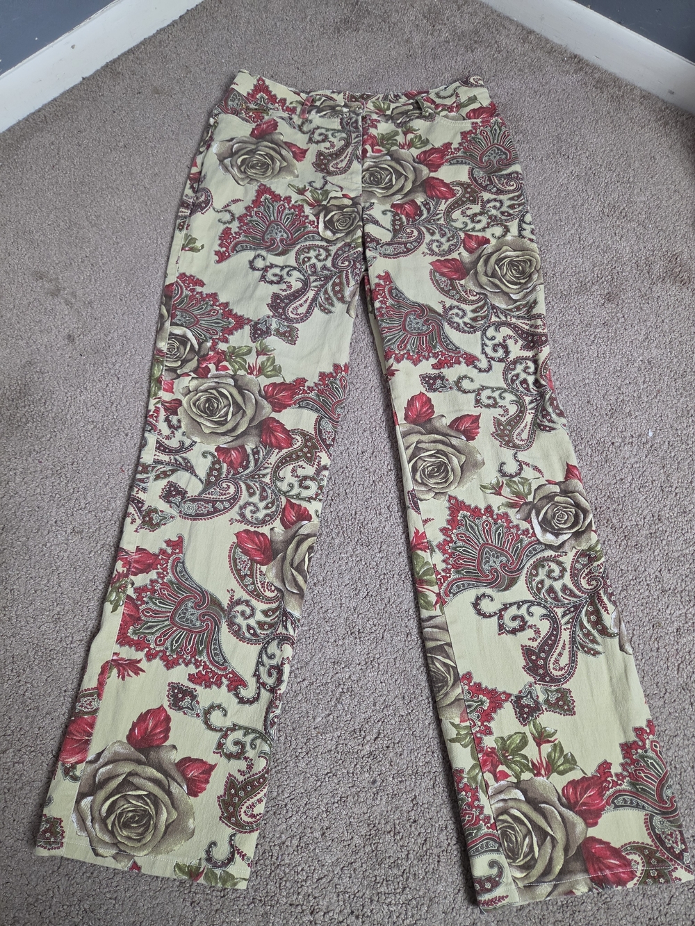St. John Floral Paisley Boot-Cut Pants in Cream, Red and Green